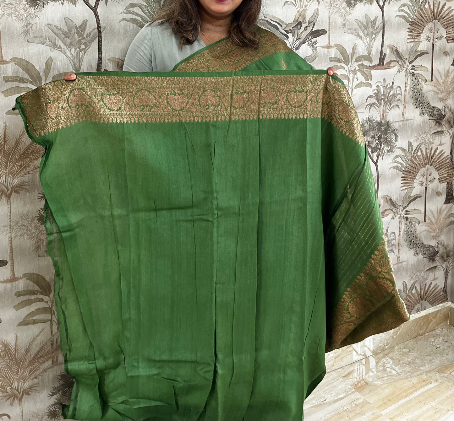 Green raw silk with antique gold zari