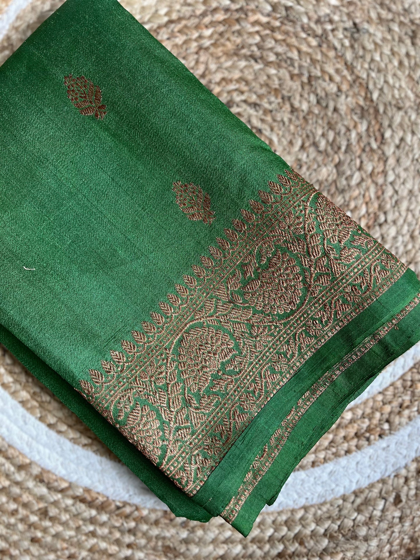 Green raw silk with antique gold zari