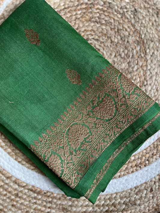 Green raw silk with antique gold zari