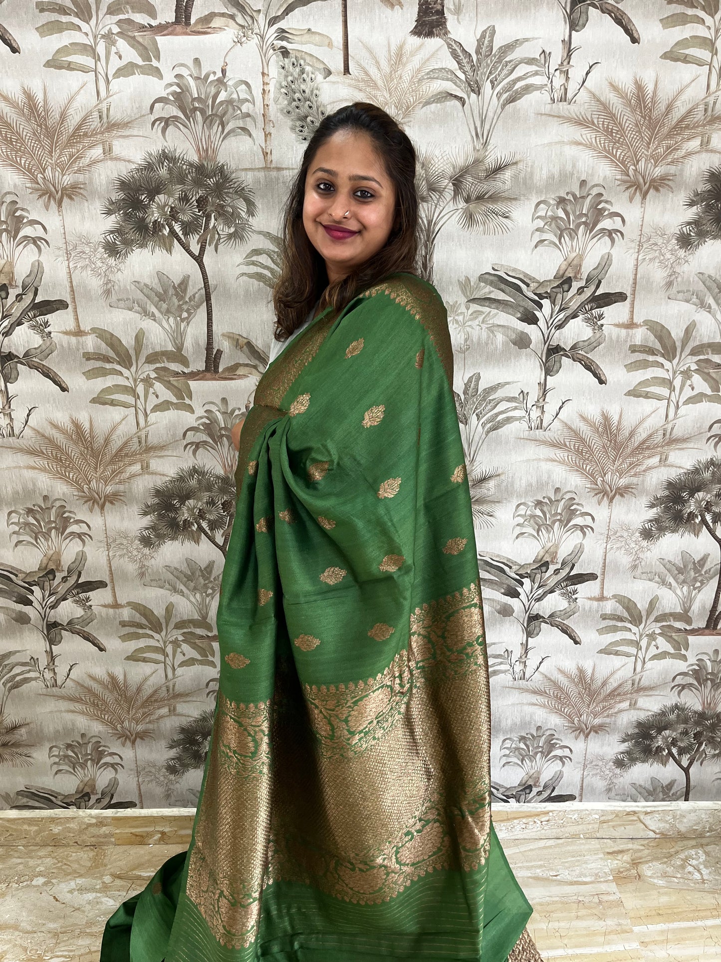 Green raw silk with antique gold zari