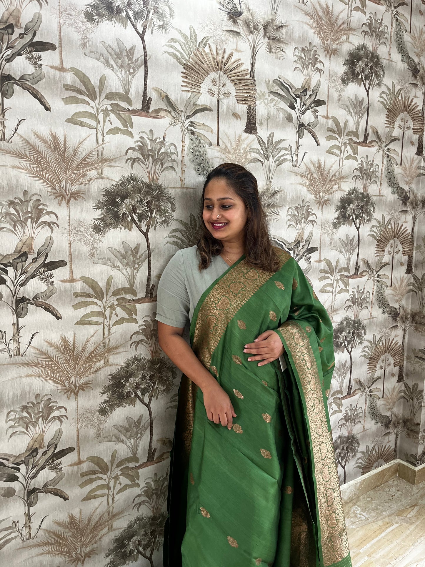 Green raw silk with antique gold zari